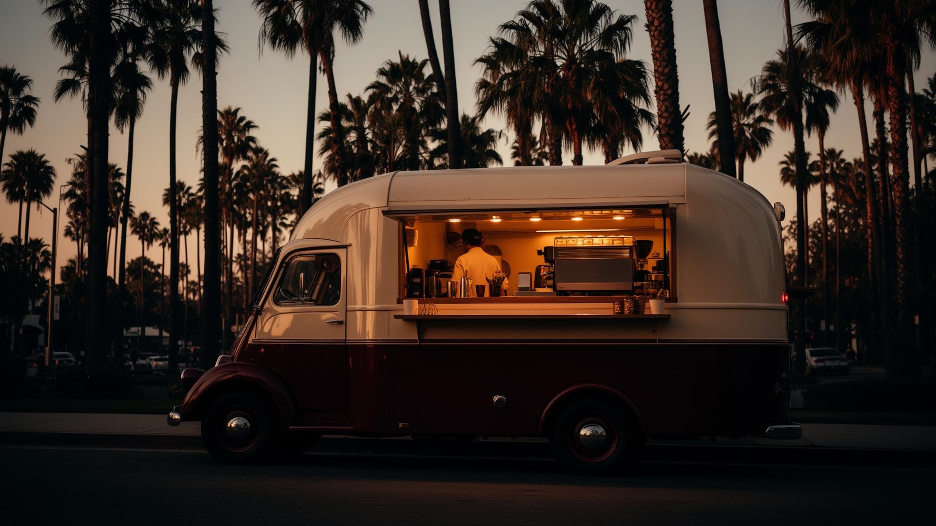 KAVA mobile coffee cart serving espresso at a Santa Barbara event at golden hour